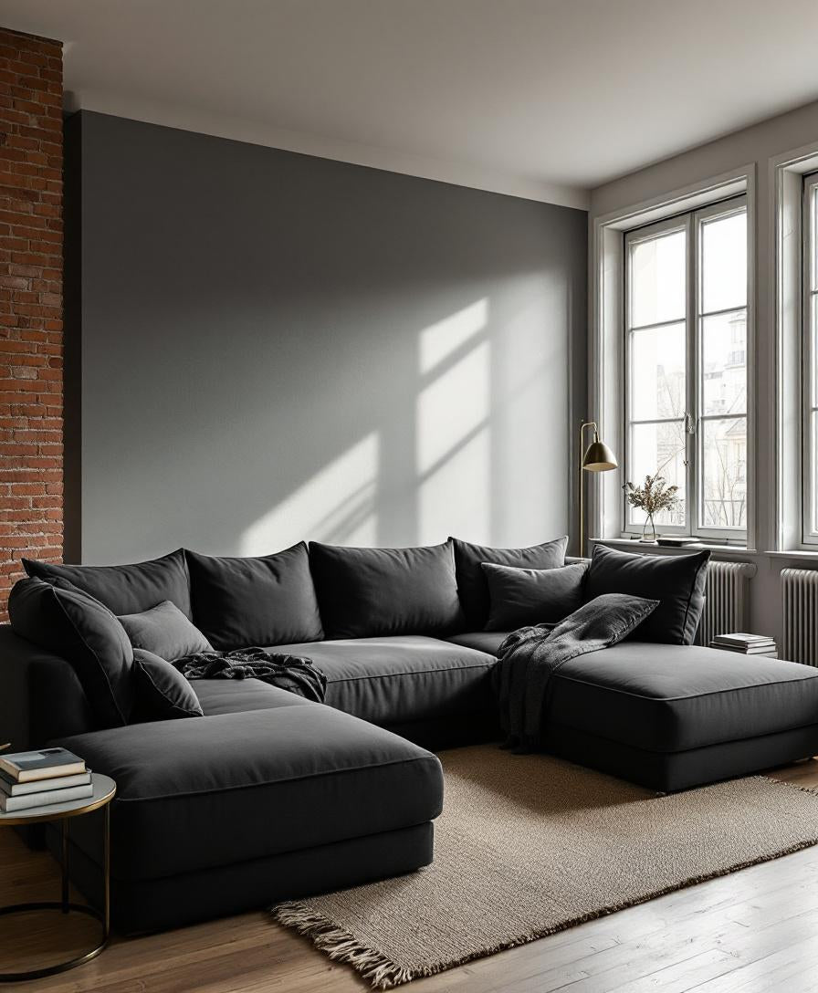Housse Angle graphite sur canapé d'angle, loft parisien
