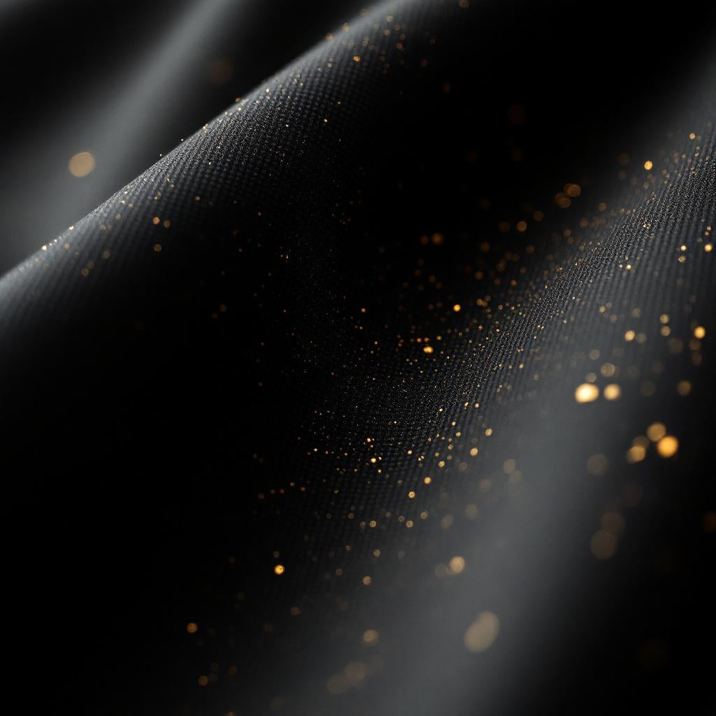 Macro du tissage spandex, poussière d'or sous lumière rasante