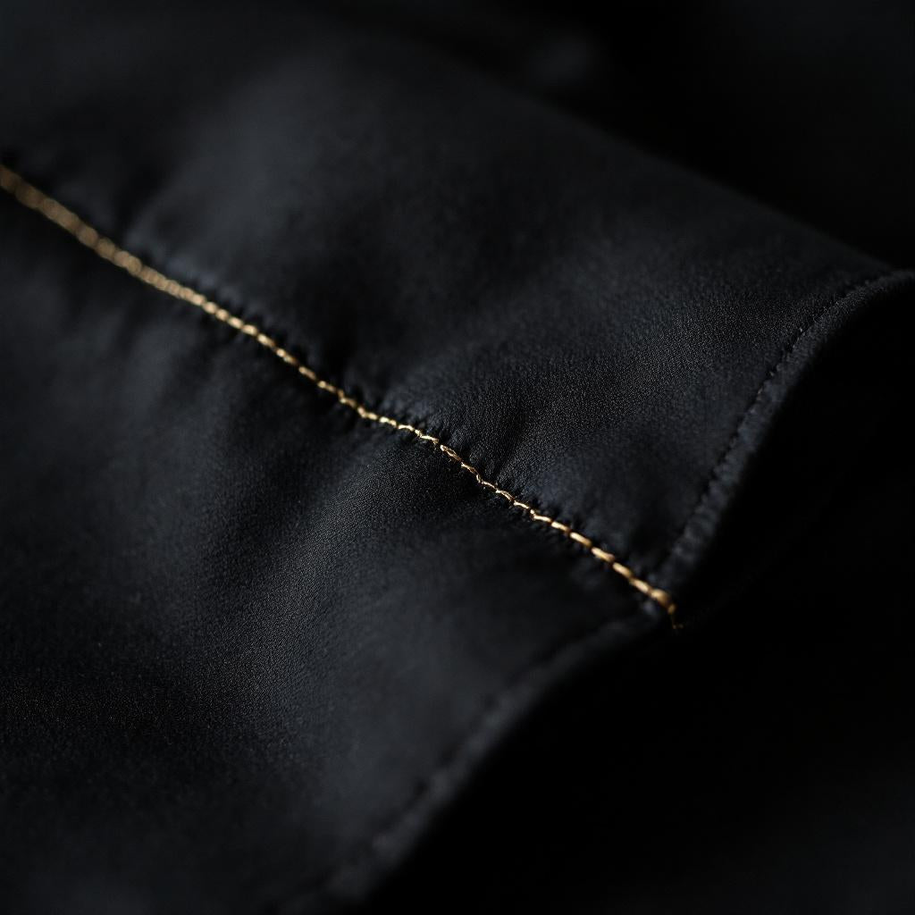 Macro d'une couture précise sur tissu sombre